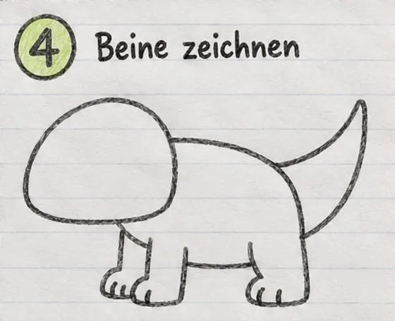 Der Dino mit vier kurzen Beinen und runden Krallen an den Füßen.