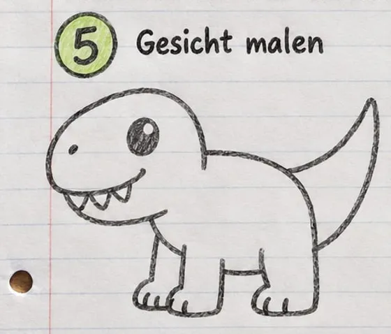 Der Dino mit großem Auge, Nasenlöchern, lachendem Mund mit Zähnen und kurzem Arm.