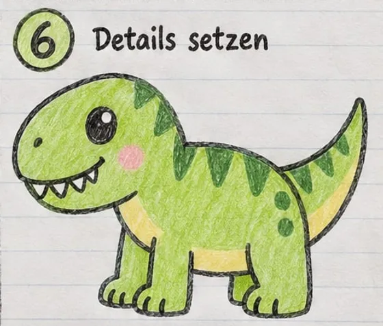 Fertiger grüner Dino mit gelbem Bauch, dunkelgrünen Rückenstreifen und Punkten.