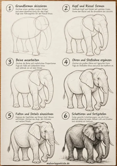 Anleitungsblatt: Elefant realistisch zeichnen in 6 Schritten, von Oval und Kreis bis zu Hautfalten, im letzten Feld mit Bleistift schattiert.