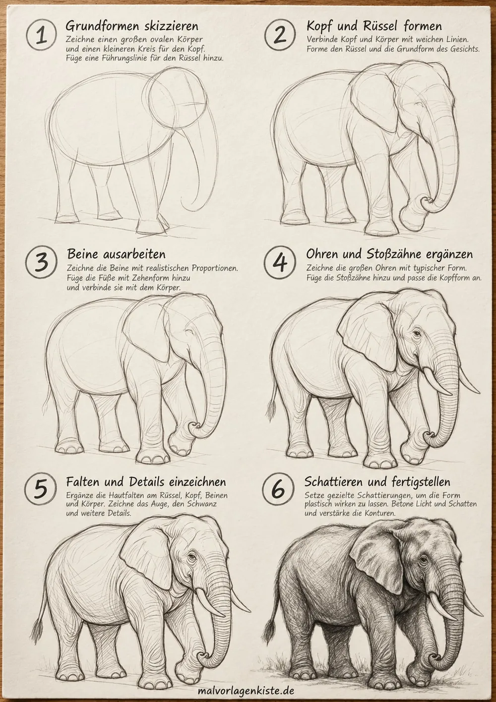 Anleitungsblatt: Elefant realistisch zeichnen in 6 Schritten, von Oval und Kreis bis zu Hautfalten, im letzten Feld mit Bleistift schattiert.