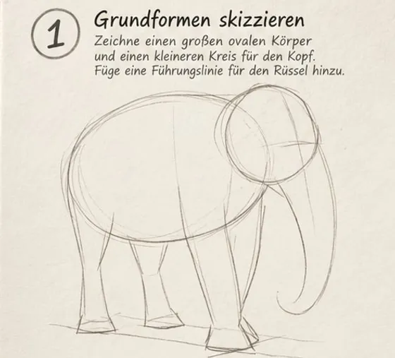Feld 1: großes Oval als Körper, Kreis als Kopf, Führungslinie für den Rüssel und einfache Beinlinien.