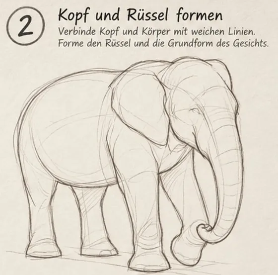 Feld 2: Kopf und Körper verbunden, Rüssel nach unten schmaler werdend mit eingerollter Spitze, Grundform des Gesichts.
