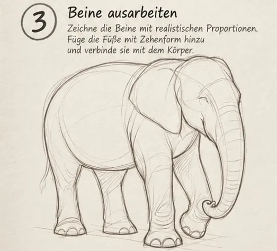Feld 3: Elefant mit säulenförmigen Beinen, runden Füßen mit Zehennägeln und weich angesetzten Oberschenkeln.