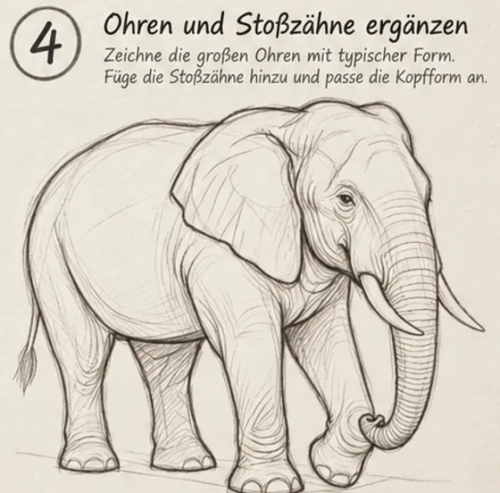 Feld 4: Elefant mit großem, faltigem Ohr, gebogenen Stoßzähnen, kleinem Auge und angepasster Kopfform.