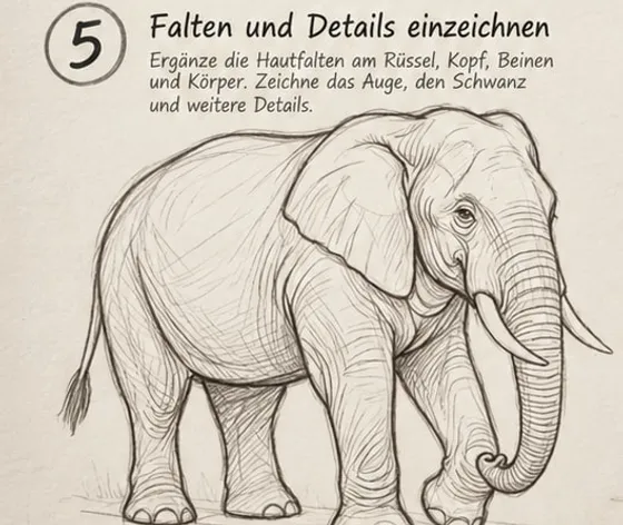 Feld 5: Elefant mit Querfalten am Rüssel, Faltenlinien an Beinen und Körper, Auge, Schwanz mit Büschel und Zehennägeln.