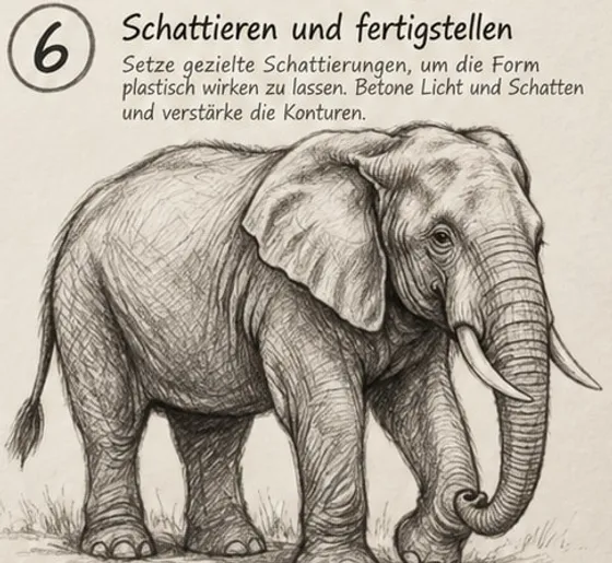 Feld 6: fertig schattierter Elefant mit dunkler Bauchunterseite, betonten Falten, hellen Stoßzähnen und Gras am Boden.