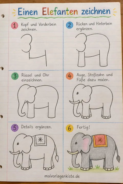 Anleitungsblatt: Elefant von der Seite zeichnen in 6 Schritten, von Kopf und Beinen bis zur verzierten Decke, im letzten Feld bunt ausgemalt.