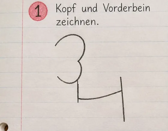 Feld 1: geschwungene Kopflinie wie eine Drei, darunter Linien für Vorderbein, Bauch und Hinterbein.