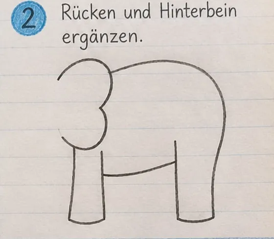 Feld 2: langer Rückenbogen und vier dicke, säulenförmige Beine.