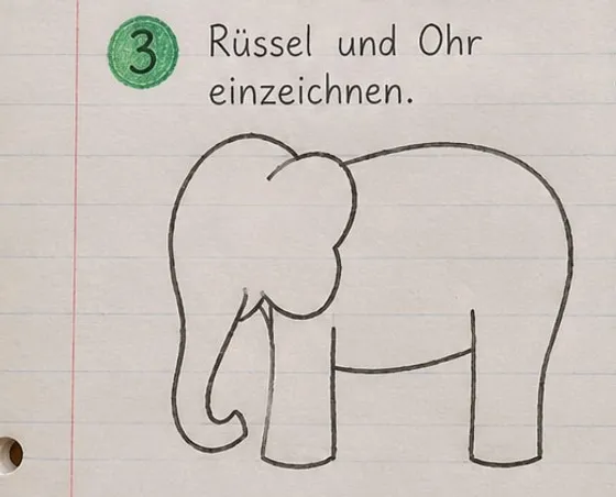 Feld 3: hängender Rüssel mit eingerollter Spitze und ein großes, rundes Ohr.