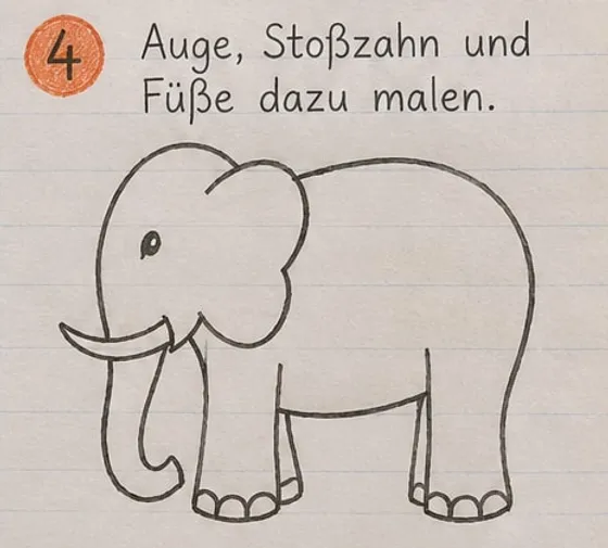 Feld 4: Auge, ein gebogener Stoßzahn und Zehennägel an allen Füßen.