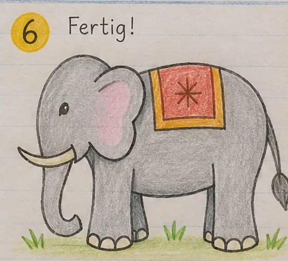 Feld 6: grau ausgemalter Elefant mit roter Decke, rosa Ohr und Gras unter den Füßen.