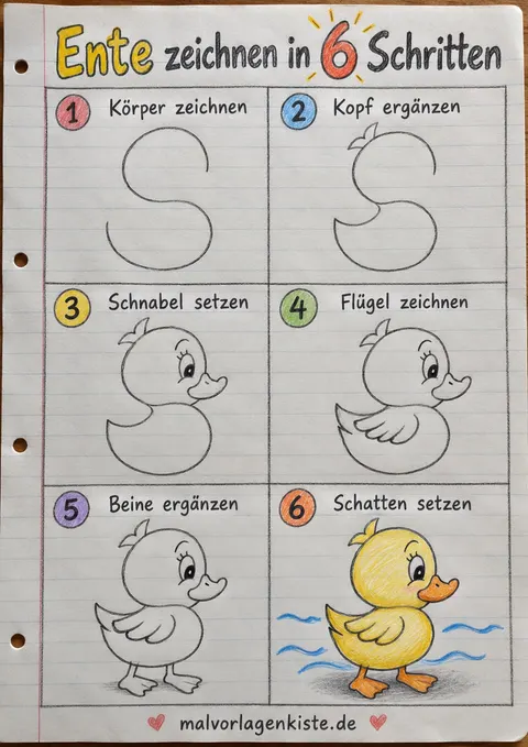 Anleitungsblatt: Ente zeichnen in 6 Schritten – von der S-Linie bis zum Entenküken, im letzten Feld bunt ausgemalt.