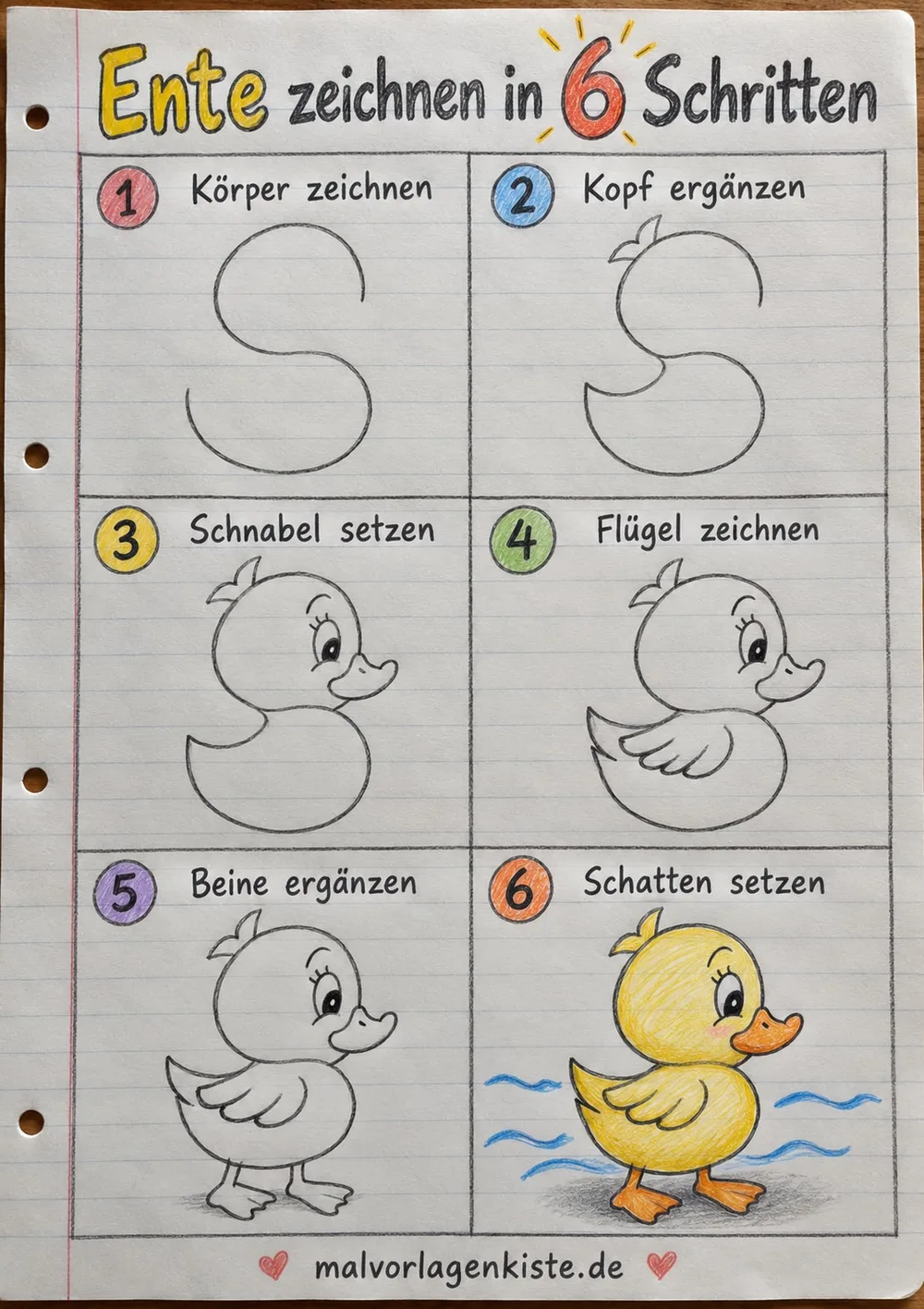 Anleitungsblatt: Ente zeichnen in 6 Schritten – von der S-Linie bis zum Entenküken, im letzten Feld bunt ausgemalt.