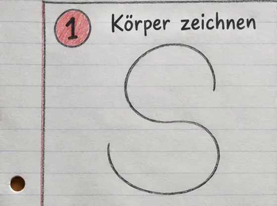 Eine große S-förmige Linie als Grundform für Kopf und Bauch der Ente.