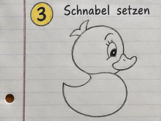 Die Ente mit großem Auge, Wimpern und Augenbraue sowie einem runden Schnabel.
