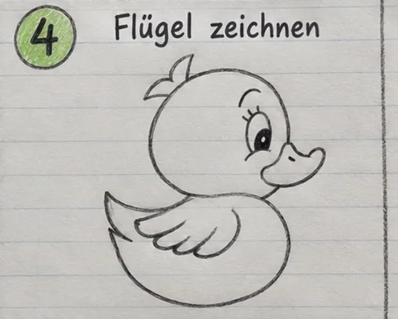 Die Ente mit einem Flügel aus drei Federbögen auf dem Bauch.