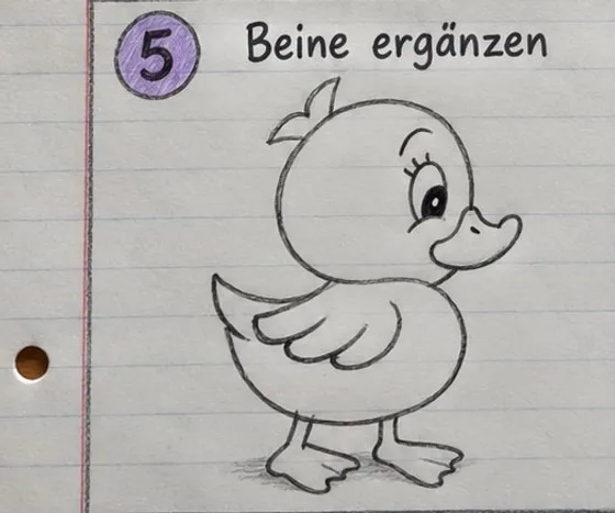 Die Ente mit zwei Beinen und breiten Füßen mit je drei Zehen, darunter ein leichter Schatten.