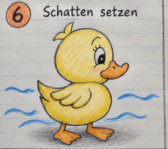 Fertige Ente in Gelb mit orangem Schnabel und orangen Füßen, daneben blaue Wellenlinien.