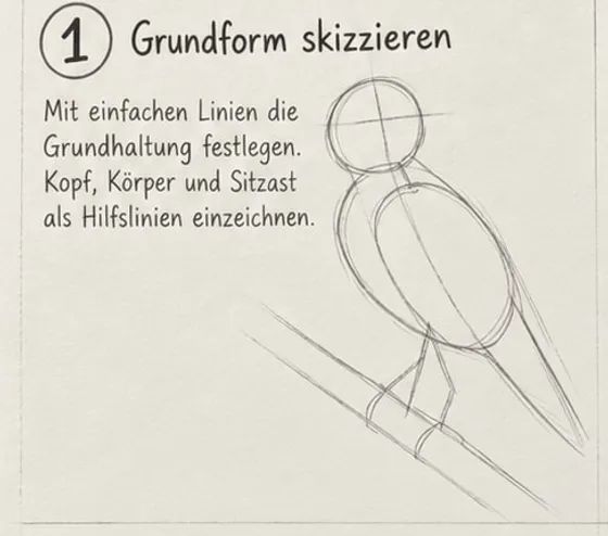 Feld 1: Kreis als Kopf, schräges Oval als Körper, Schwanzlinie und schräger Ast als Hilfslinien.