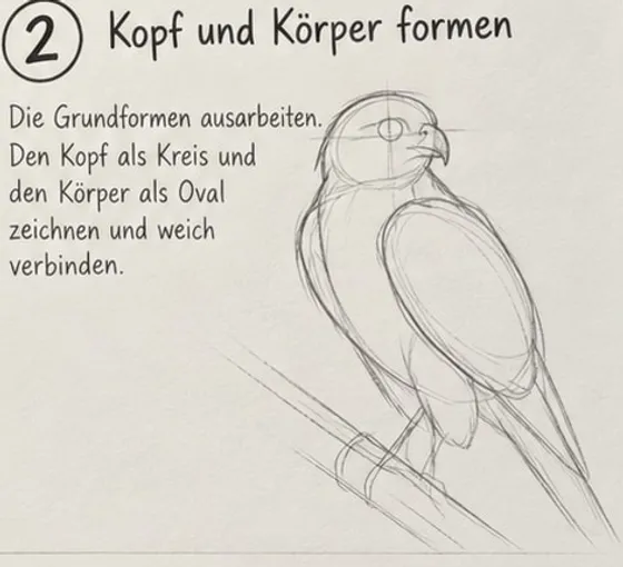 Feld 2: Kopf und Körper weich verbunden zu einem kompakten Vogelumriss, Schnabel und Auge angedeutet.