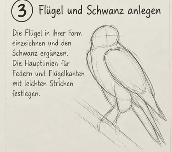 Feld 3: angelegter, spitz zulaufender Flügel über dem Schwanz, leichte Linien für Flügelkanten und Federgruppen.