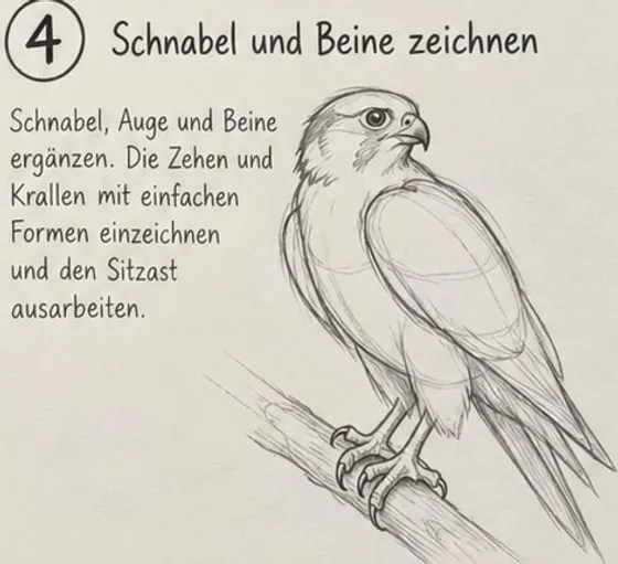 Feld 4: Falke mit Hakenschnabel, dunklem Auge, Beinen mit Zehen und Krallen am Ast und ausgearbeiteter Rinde.