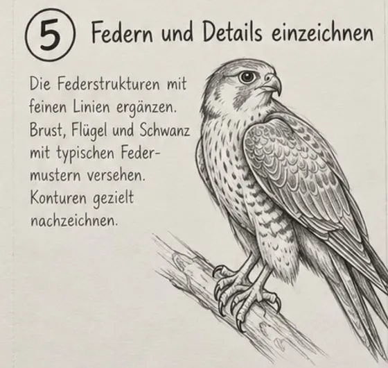 Feld 5: Falke mit schuppigen Deckfedern, langen Schwungfedern, gefleckter Brust und dunklem Bartstreif am Kopf.