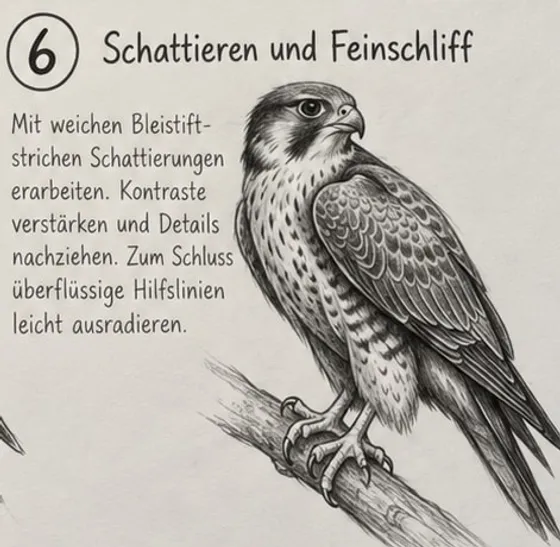 Feld 6: fertig schattierter Falke mit dunkler Kopfplatte und dunklen Flügeln, heller gefleckter Brust und betonten Krallen am Ast.