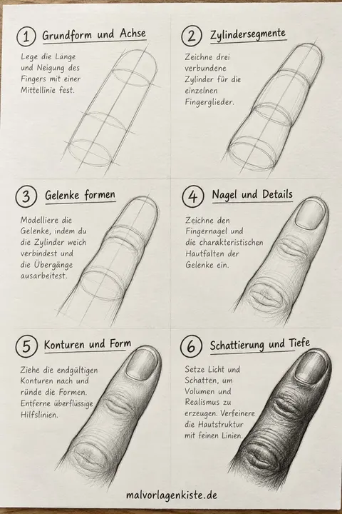 Anleitungsblatt: realistischen Finger zeichnen in 6 Schritten, von Achse und Zylindersegmenten über Gelenke und Nagel bis zum fertig schattierten Finger.