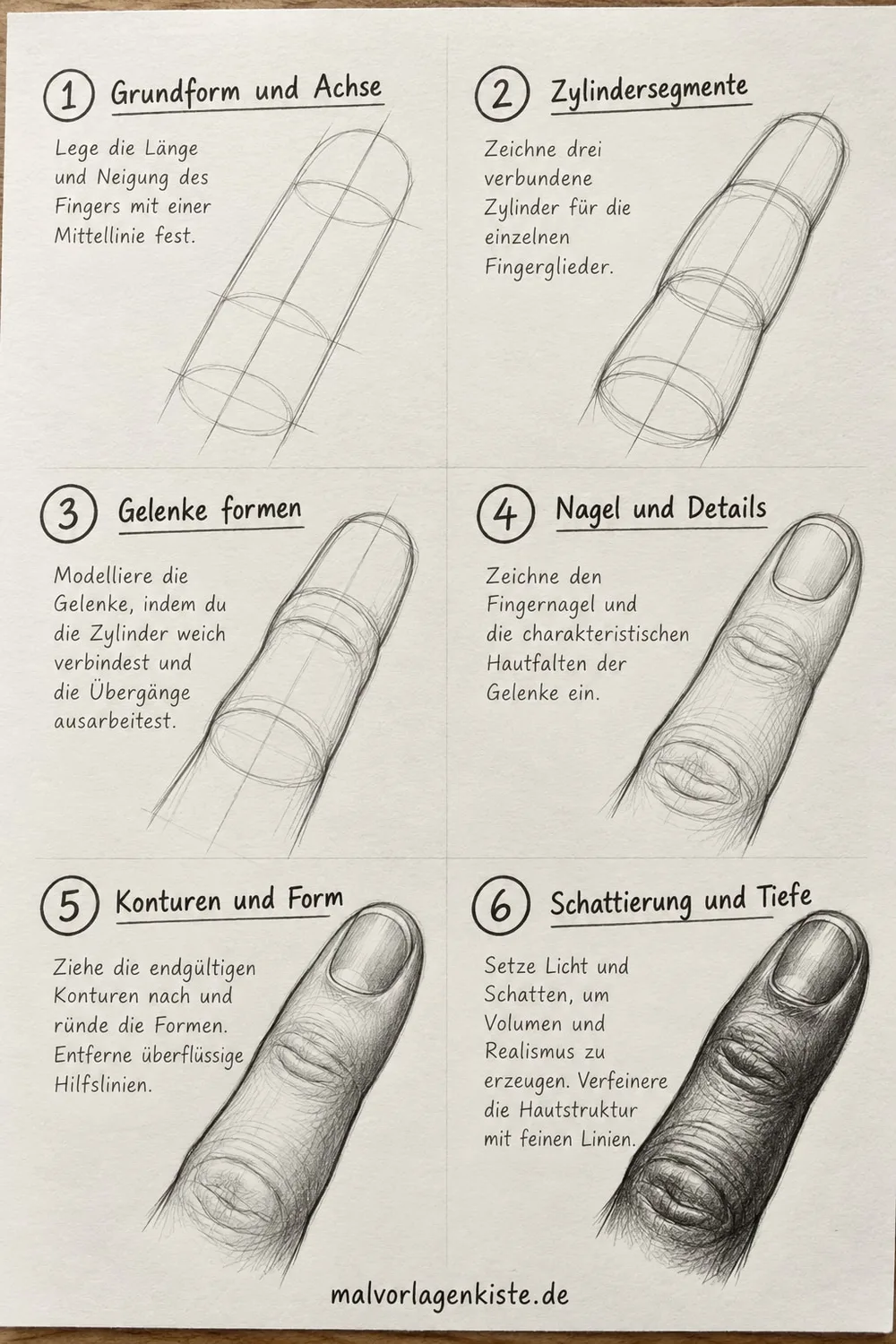 Anleitungsblatt: realistischen Finger zeichnen in 6 Schritten, von Achse und Zylindersegmenten über Gelenke und Nagel bis zum fertig schattierten Finger.