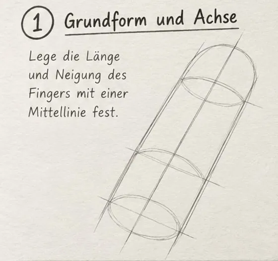 Feld 1: schräge Mittelachse mit langem, oben gerundetem Zylinder und mehreren Querellipsen für die Gelenke.
