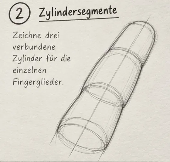 Feld 2: Finger aus drei aufeinandergesetzten Zylindern mit Ellipsen an den Gelenken und gerundeter Kuppe.