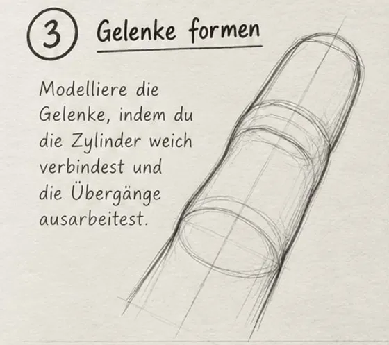 Feld 3: Finger mit weich verbundenen Gliedern, leicht verdickten Gelenken und fließender Kontur, Hilfslinien noch sichtbar.