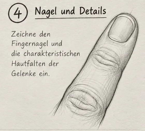 Feld 4: Finger mit gewölbtem Nagel und Nagelbett, ovalen Hautfalten auf den Gelenken und leichter Schattierung.