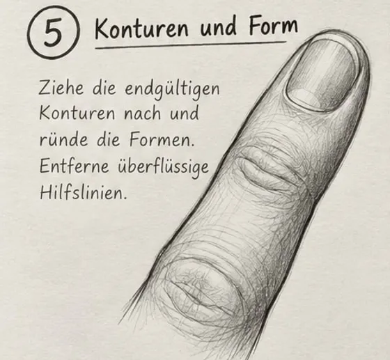 Feld 5: sauberer Finger mit klarer Kontur, Nagel und Gelenkfalten, ohne Hilfslinien, mit leichter Struktur.