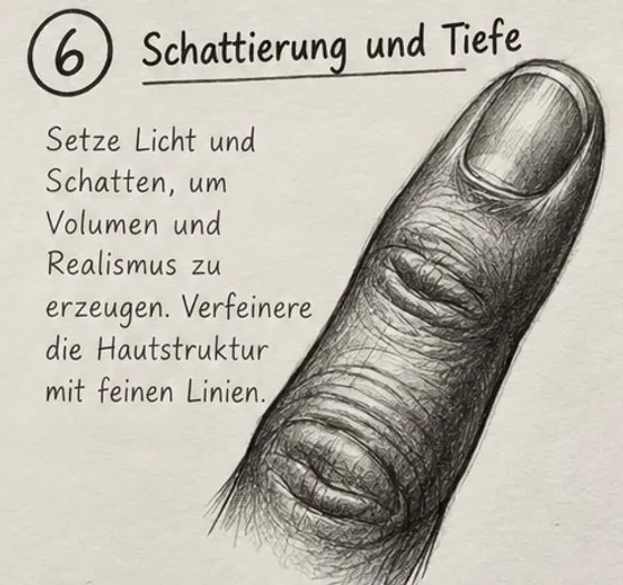 Feld 6: fertig schattierter Finger mit dunkler Schattenseite, feiner Hautstruktur an den Gelenken und glänzendem Nagel.