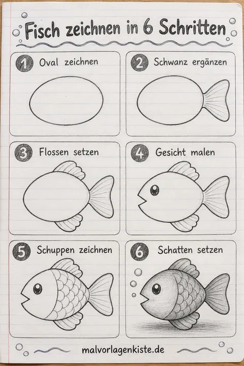Anleitungsblatt: Fisch mit Schuppen zeichnen in 6 Schritten, im letzten Feld mit Bleistift schattiert.