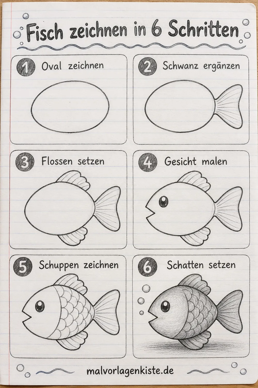 Anleitungsblatt: Fisch mit Schuppen zeichnen in 6 Schritten, im letzten Feld mit Bleistift schattiert.