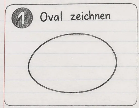 Feld 1 des Anleitungsblatts: ein großes, liegendes Oval als Fischkörper.