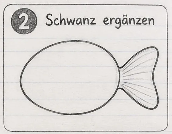 Feld 2: Rechts am Oval ein fächerförmiger Schwanz mit feinen Strahlenlinien.