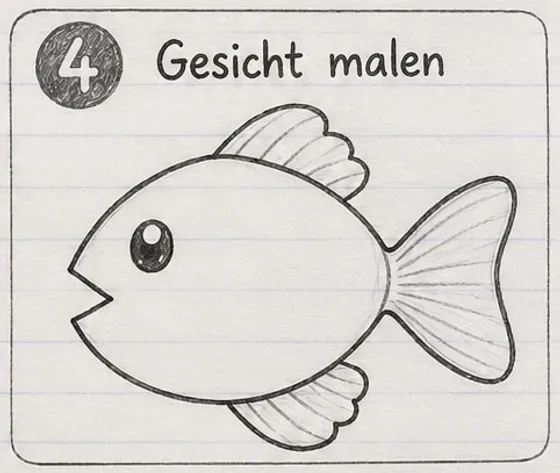 Feld 4: Fisch mit rundem Auge und Lichtpunkt sowie einem V-förmigen, offenen Maul links.