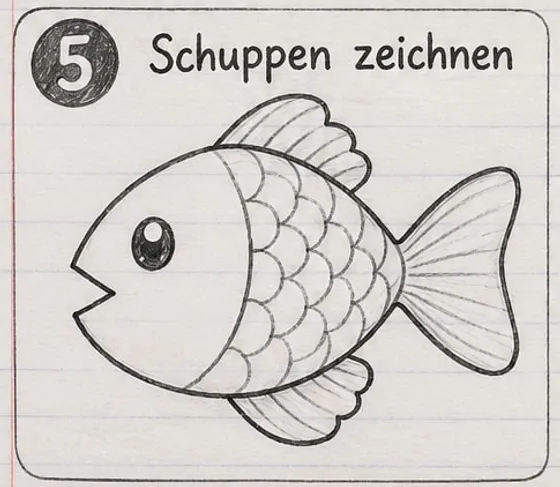 Feld 5: Fertige Strichzeichnung mit Kopfbogen und überlappenden Schuppenbögen auf dem Körper.