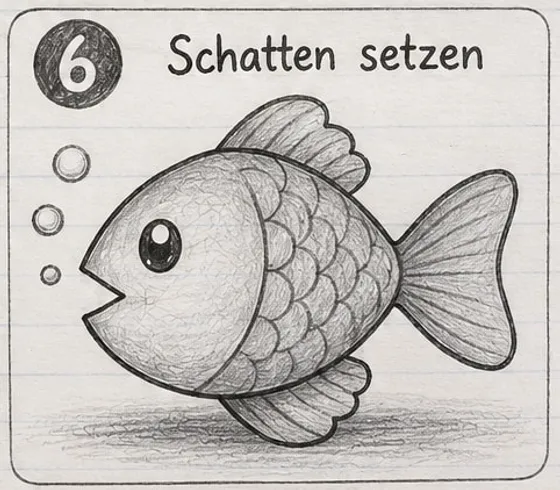 Feld 6: Der Fisch mit Bleistift-Schatten auf Körper und Flossen, Luftblasen und einem Schatten darunter.