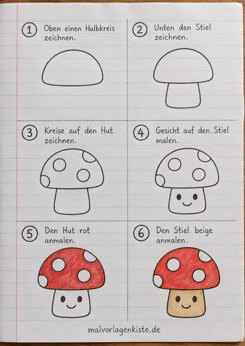 Anleitungsblatt: lachender Fliegenpilz in 6 Schritten, in den letzten beiden Feldern rot und beige ausgemalt.