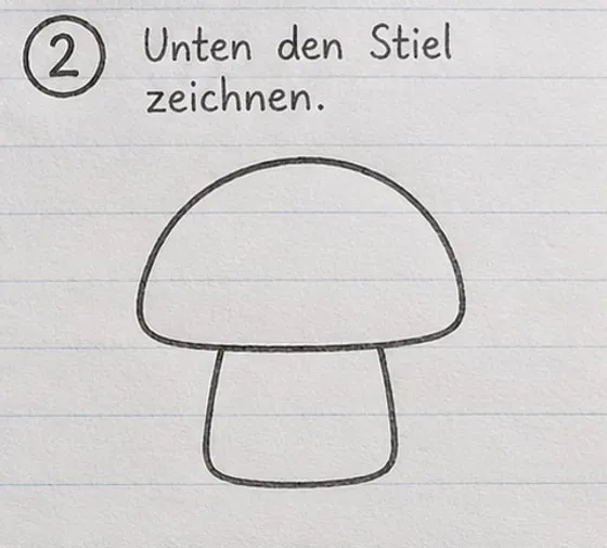 Pilzhut mit kurzem, breitem Stiel darunter.