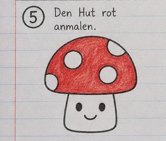 Fliegenpilz mit rot ausgemaltem Hut, weißen Punkten und roten Bäckchen.