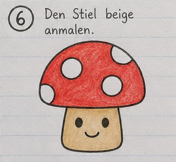 Fertiger Fliegenpilz mit rotem Hut, weißen Punkten und beigem Stiel mit Gesicht.