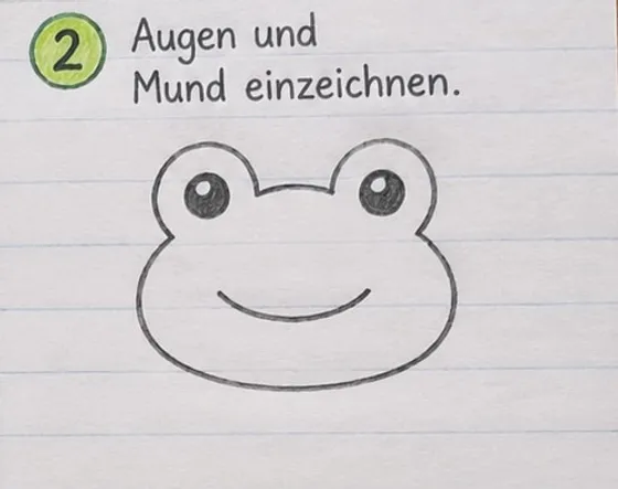 Feld 2: Zwei schwarze Augen mit Lichtpunkt und ein breites Lächeln im Froschkopf.
